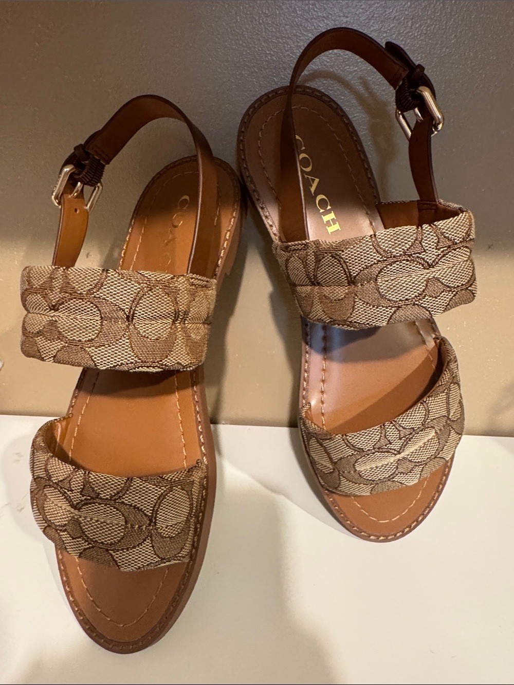 COACH Brown Signature Canvas Two-Strap Slingback Sandals